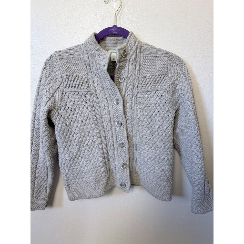 L.L.Bean 100% Cotton Cable Knit Cardigan Sweater Women's Small Gray